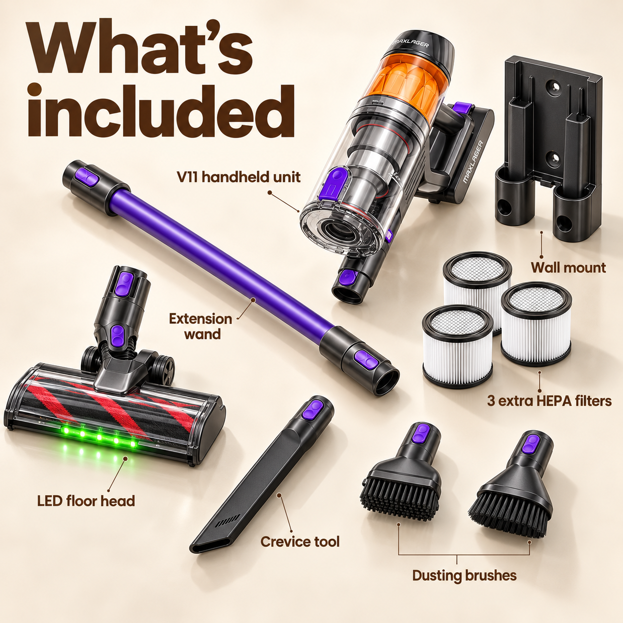 Maxlager V11 Detect Light Cordless Vacuum Cleaner – 500 W, up to 50 kPa